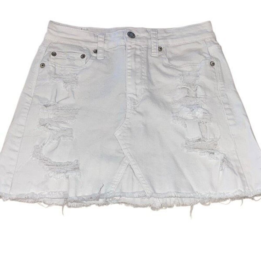 American Eagle Outfitters Womens Distressed Stretch Mini Denim Skirt White Sz 2